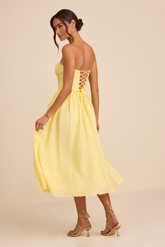 Aspen Pale Yellow Plisse Strapless Bustier Midi Dress