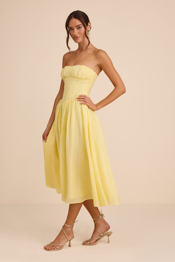 Aspen Pale Yellow Plisse Strapless Bustier Midi Dress