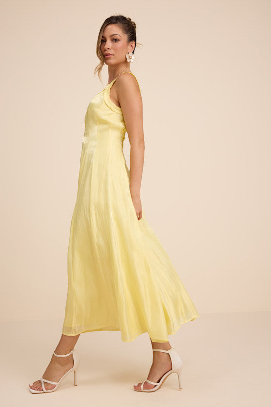 Marlana Light Yellow Sleeveless Ruffled Midi Dress
