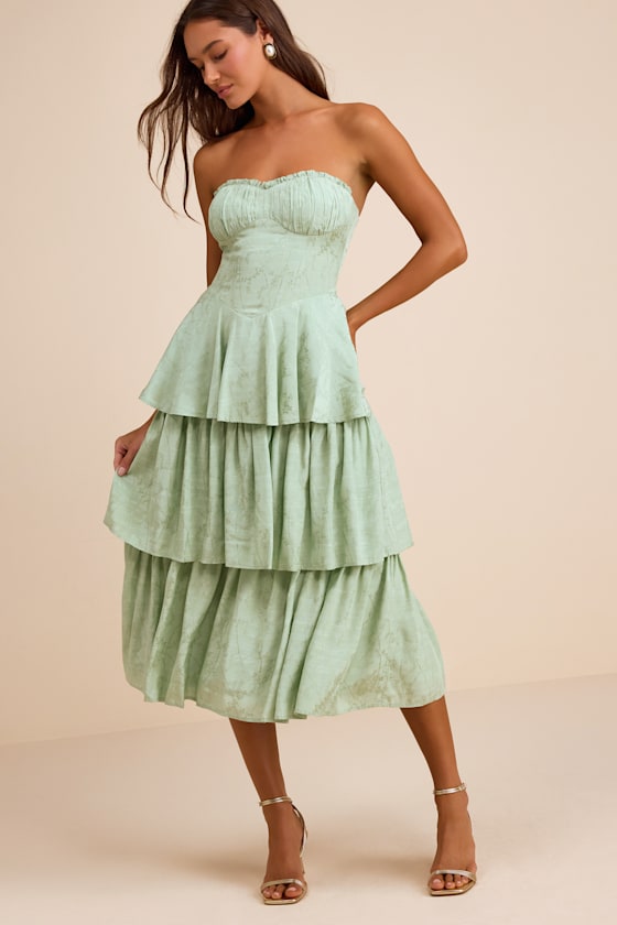 Beverly Sage Green Jacquard Tiered Midi Dress