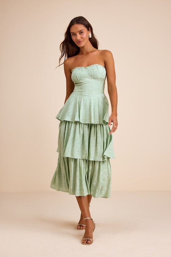 Beverly Sage Green Jacquard Tiered Midi Dress