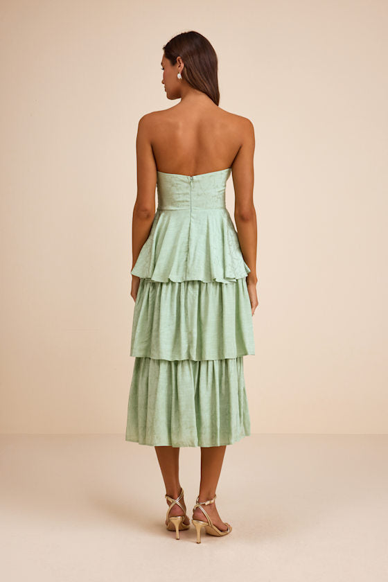Beverly Sage Green Jacquard Tiered Midi Dress