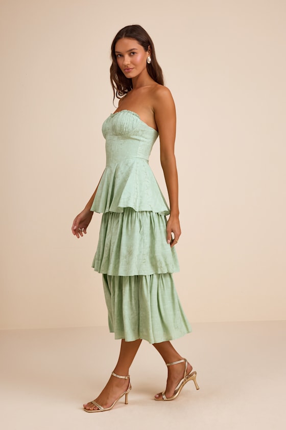 Beverly Sage Green Jacquard Tiered Midi Dress