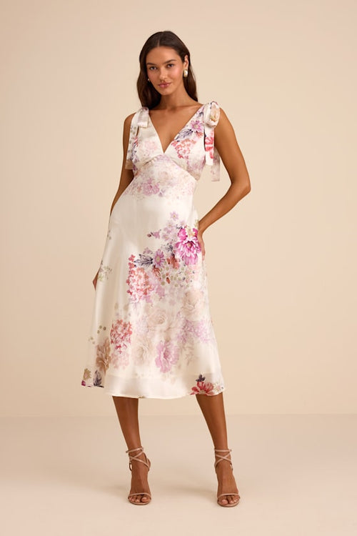 Zoella Ivory Floral Satin Tie-Strap Midi Dress