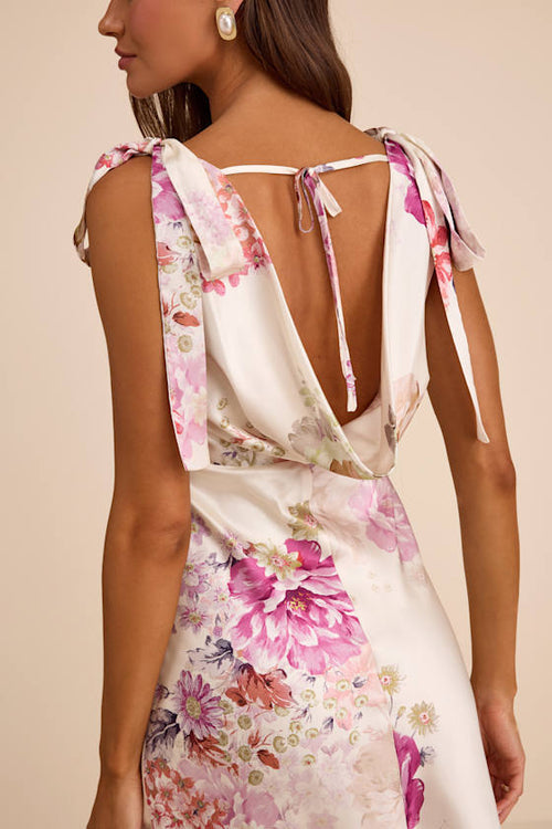 Zoella Ivory Floral Satin Tie-Strap Midi Dress