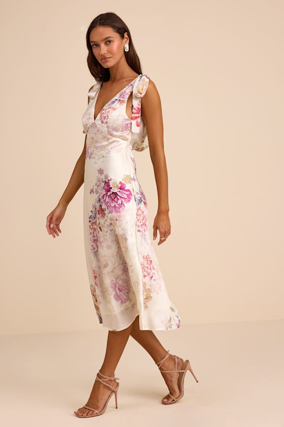 Zoella Ivory Floral Satin Tie-Strap Midi Dress