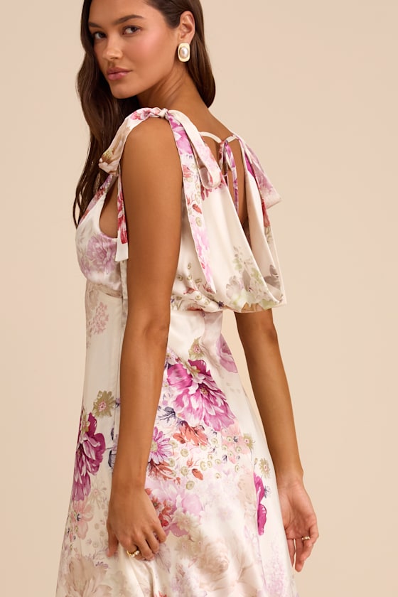 Zoella Ivory Floral Satin Tie-Strap Midi Dress