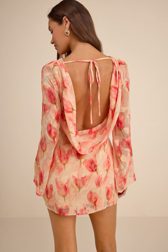 Jaleen Peach Floral Jacquard Bell Sleeve Mini Dress