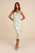 Mariposa Sage Floral Satin Lace Slip Midi Dress