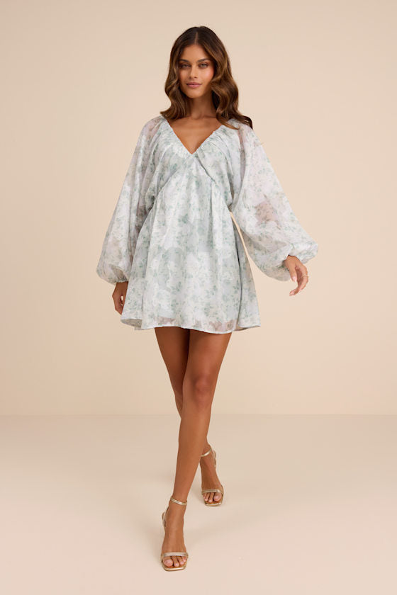 Halen White Floral Long Sleeve Mini Dress
