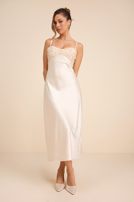 Lange Ivory Satin Applique Slip Midi Dress
