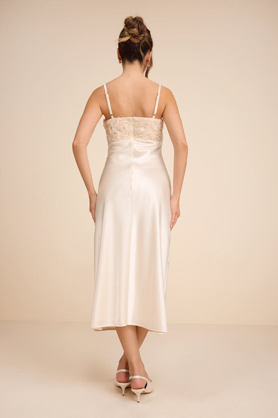 Lange Ivory Satin Applique Slip Midi Dress
