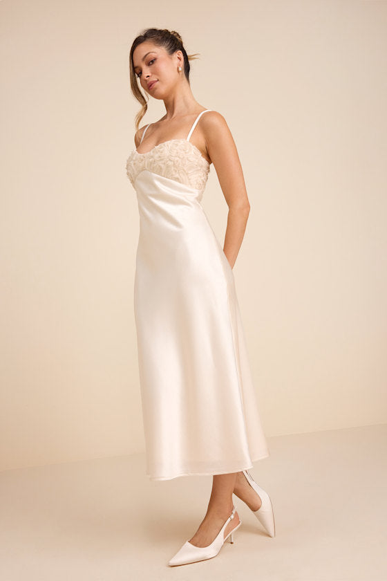 Lange Ivory Satin Applique Slip Midi Dress