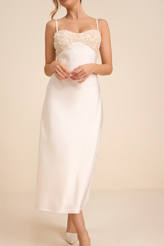 Lange Ivory Satin Applique Slip Midi Dress
