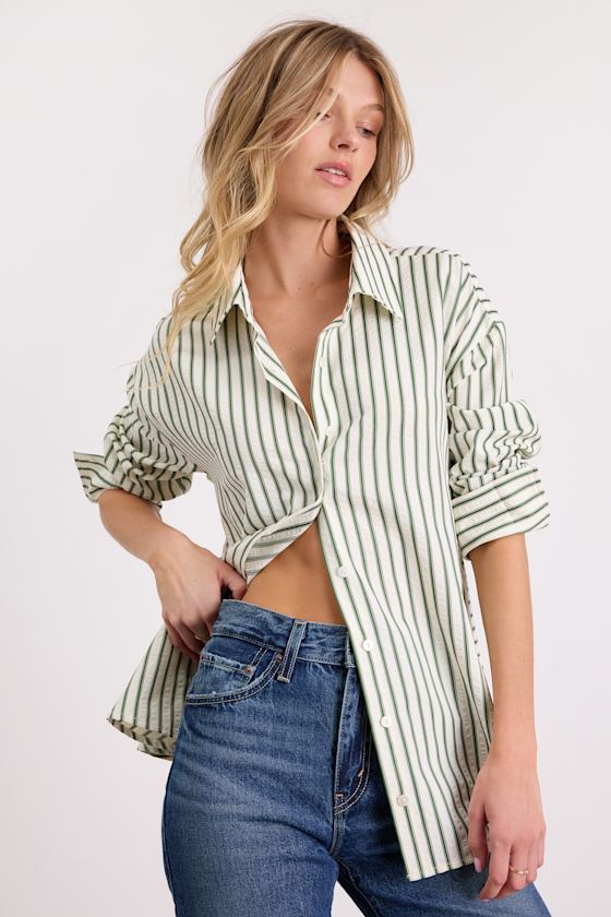 Logan Ivory and Green Striped Cutout Button-Up Long Sleeve Top