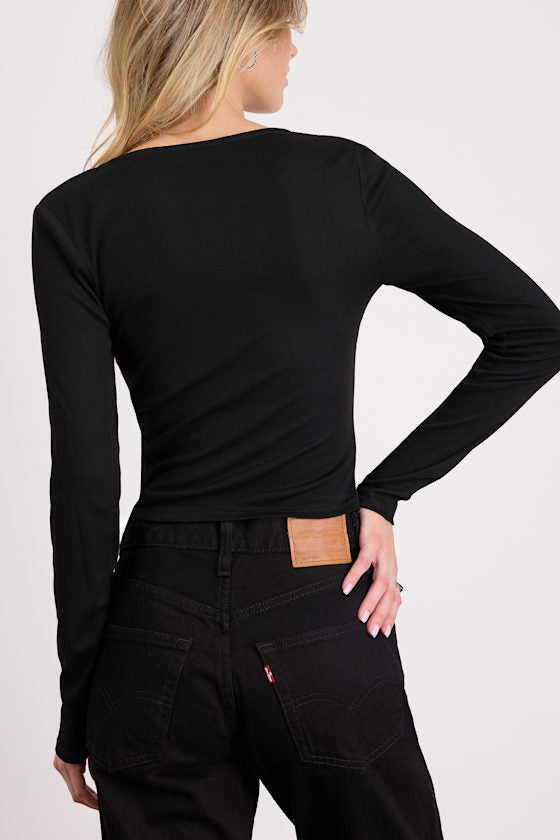 Tori Black Jersey Knit Cowl Neck Beaded Long Sleeve Top
