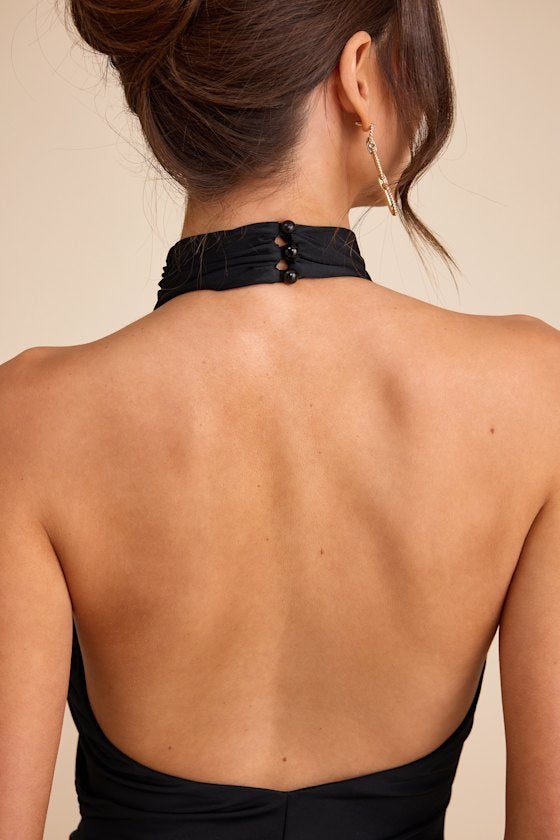 Mystras Black Slinky Knit Backless Halter Maxi Dress