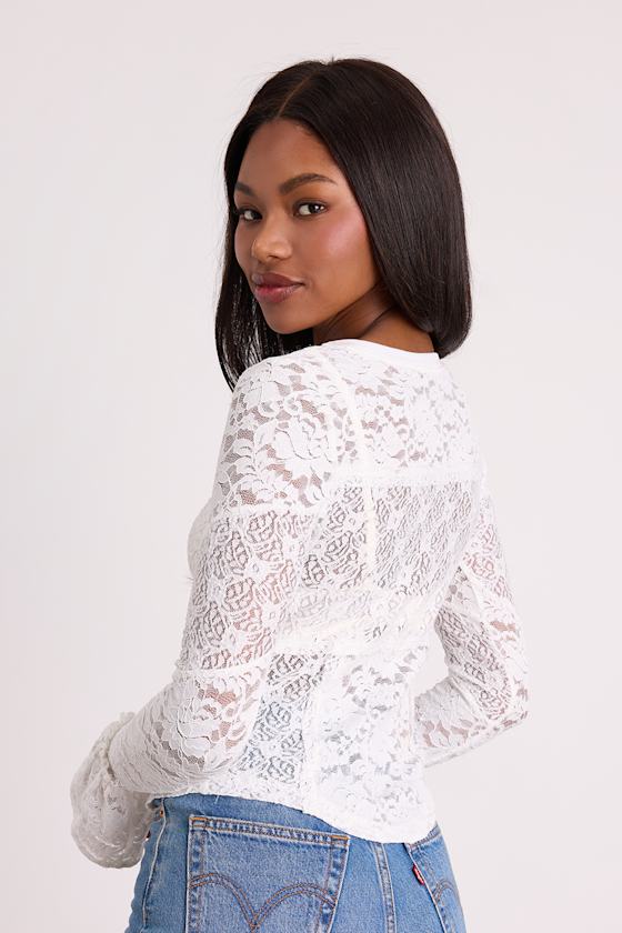 Adrianne Ivory Sheer Lace Long Sleeve Top