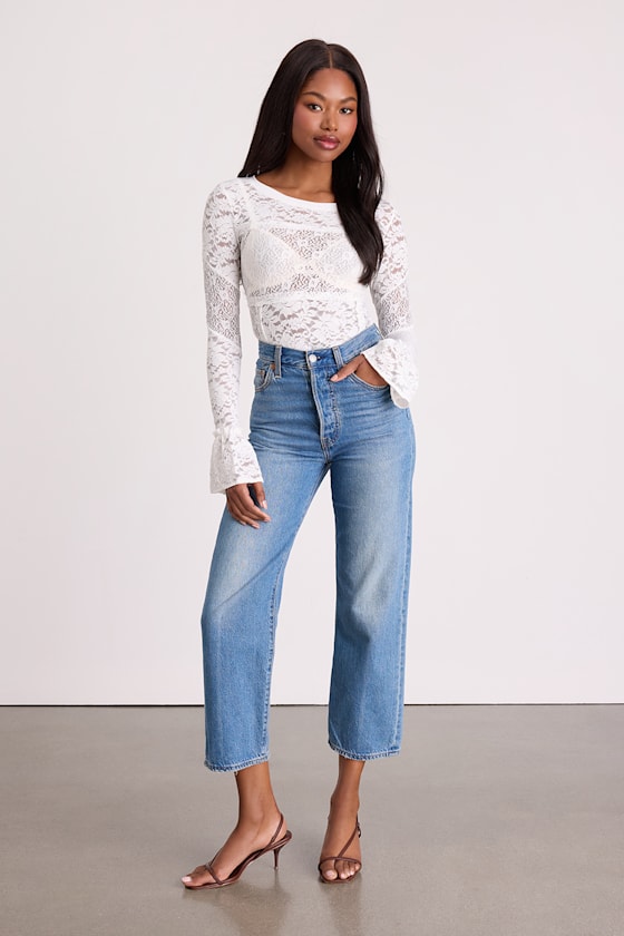 Adrianne Ivory Sheer Lace Long Sleeve Top