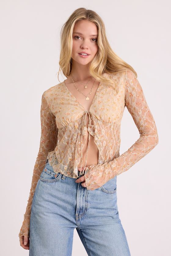 Netta Beige Floral Lace Tie-Front Long Sleeve Top