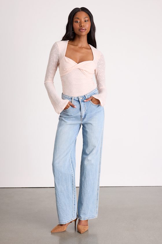Emada Blush Textured Twist-Front Long Sleeve Top