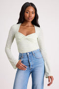Emada Light Mint Textured Twist-Front Long Sleeve Top