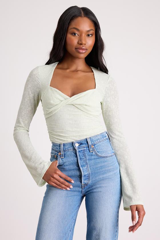 Emada Light Mint Textured Twist-Front Long Sleeve Top