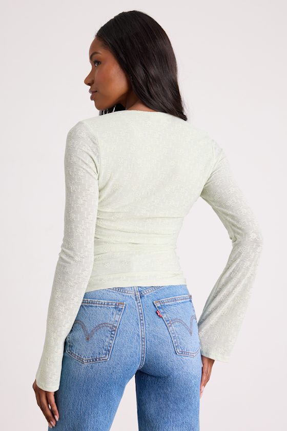 Emada Light Mint Textured Twist-Front Long Sleeve Top
