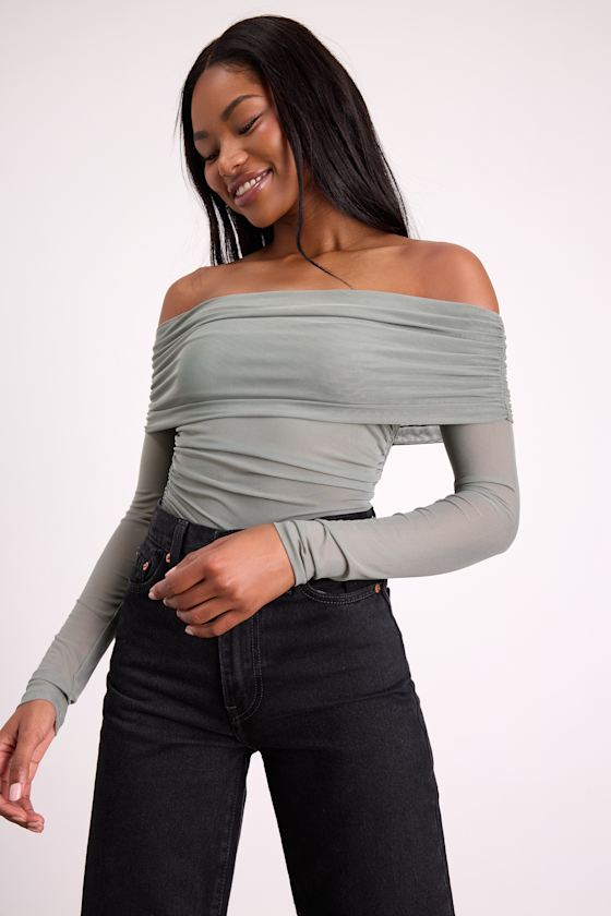 Good Times Sage Mesh Off-the-Shoulder Long Sleeve Top