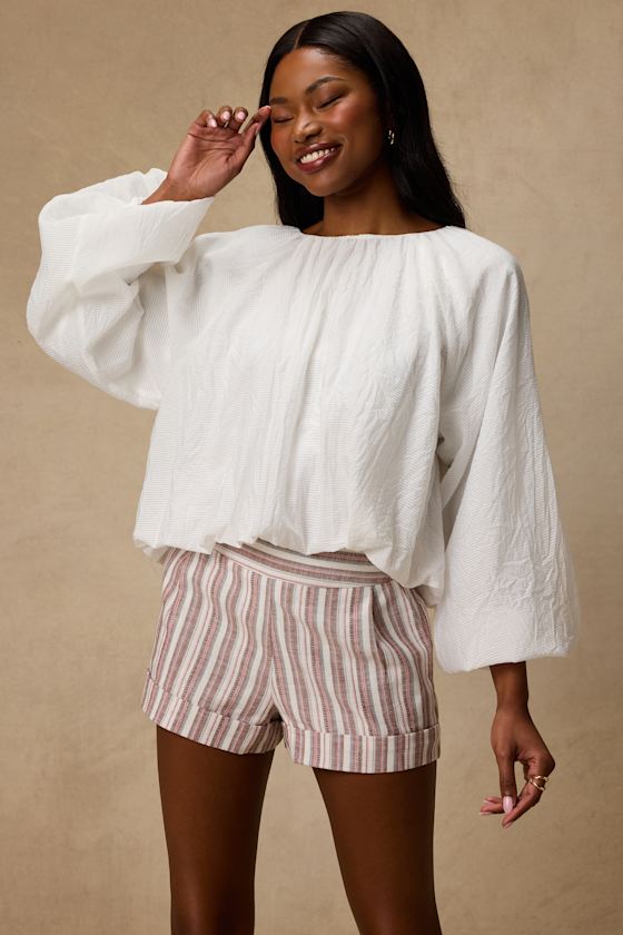 Ambrea White Multi Striped Linen High-Rise Shorts