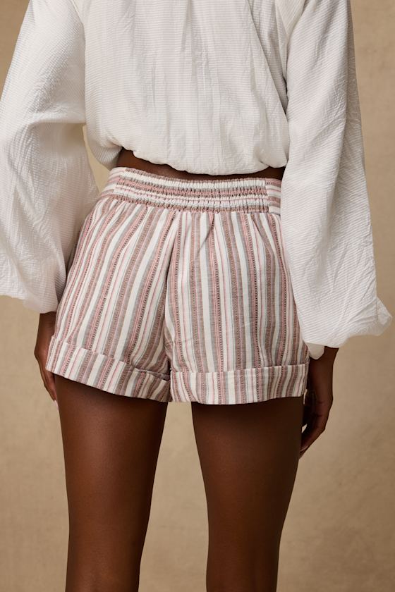 Ambrea White Multi Striped Linen High-Rise Shorts