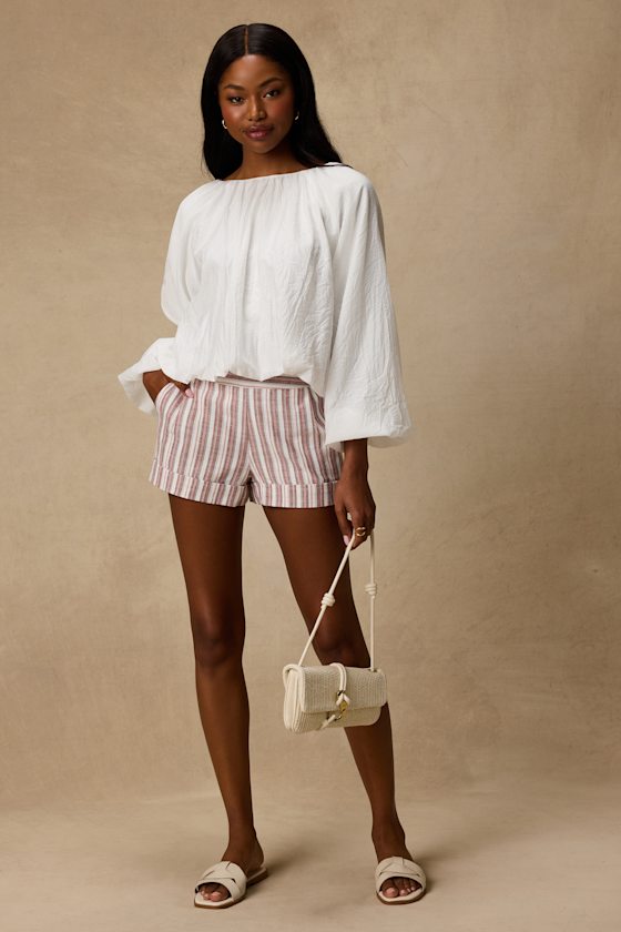 Ambrea White Multi Striped Linen High-Rise Shorts