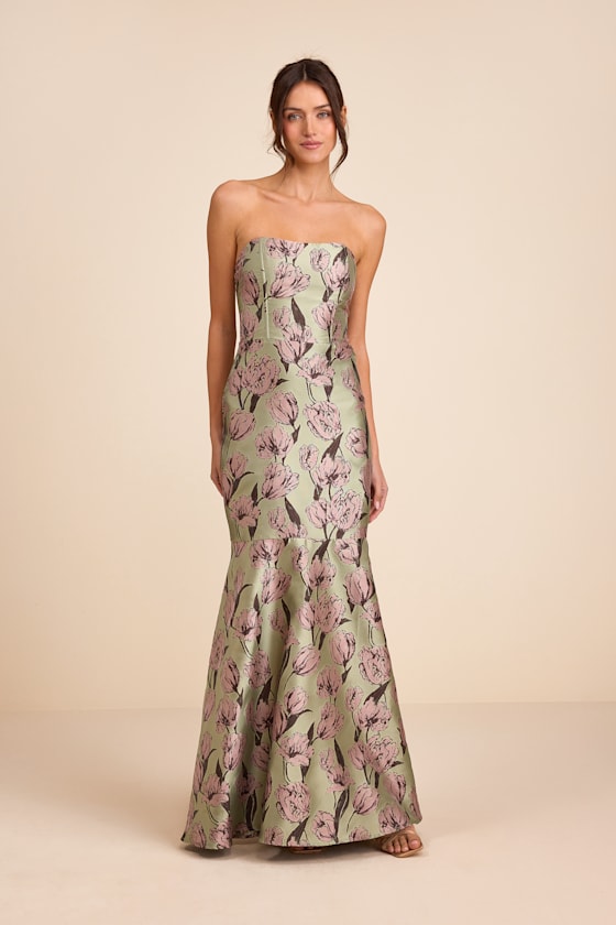 Gowning Around Sage Floral Jacquard Strapless Maxi Dress
