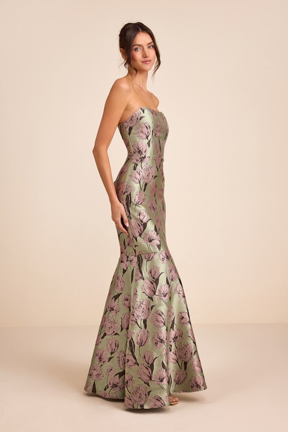 Gowning Around Sage Floral Jacquard Strapless Maxi Dress