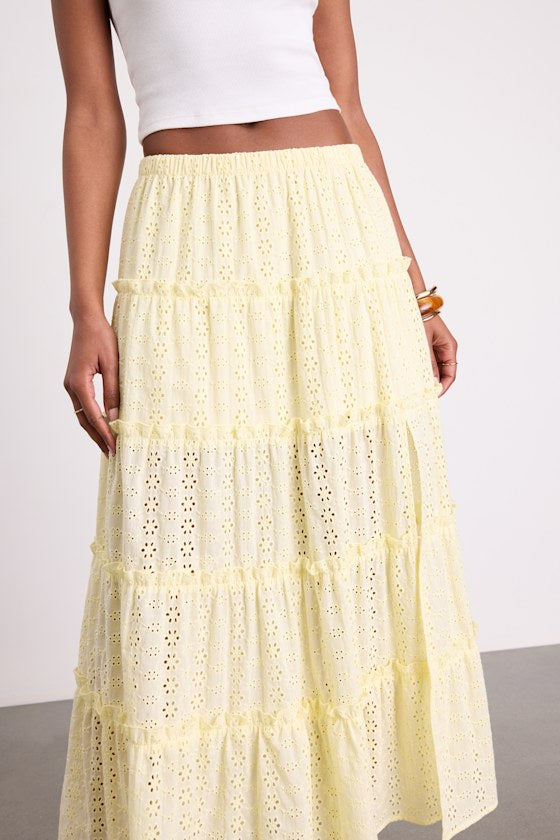 Cherish Light Yellow Eyelet Embroidered Tiered Maxi Skirt