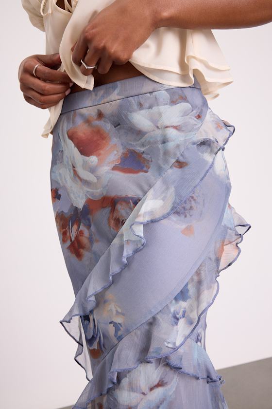 Breelyn Dusty Lavender Floral Ruffled Midi Skirt