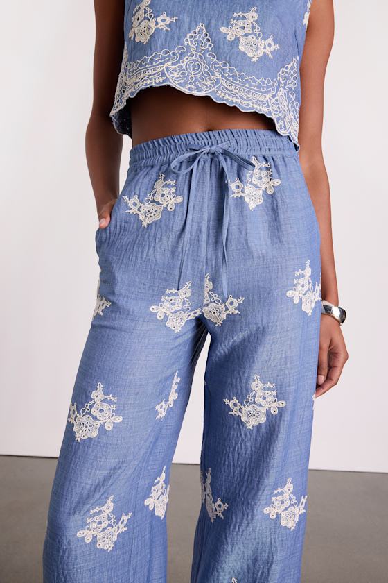 Havana Blue Embroidered Drawstring Wide-Leg Pants