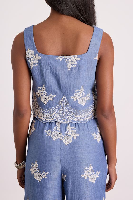 Havana Blue Embroidered Cropped Tank Top