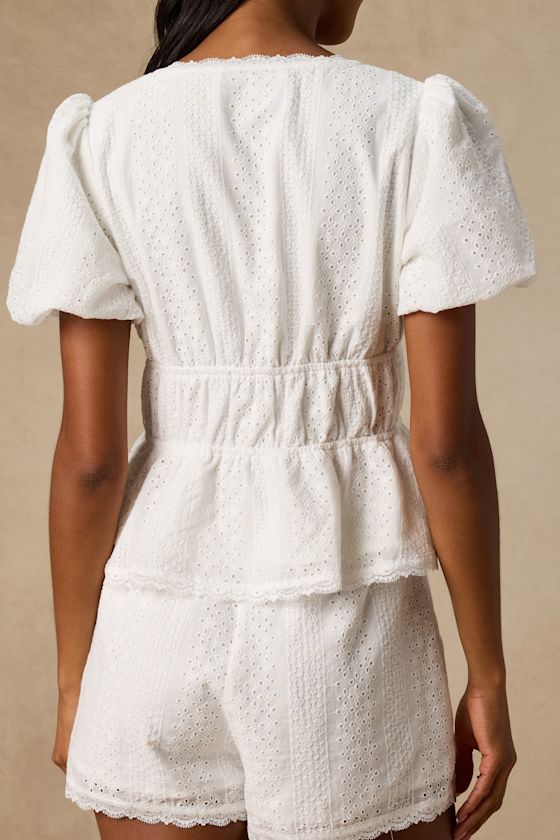 Delora White Eyelet Embroidered Tie-Front Top