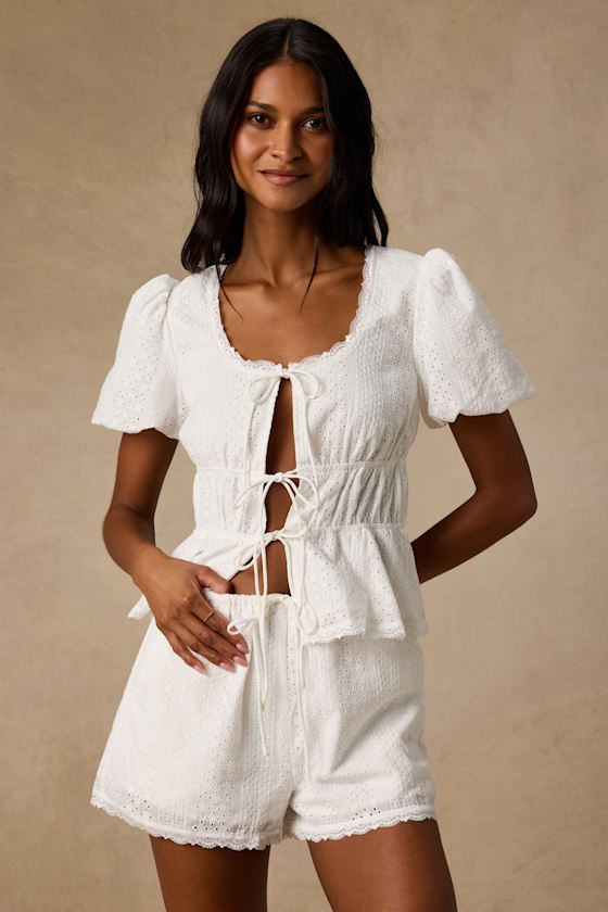 Delora White Eyelet Embroidered Drawstring Shorts