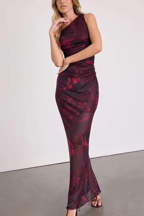 Camella Dark Plum Floral Mesh Asymmetrical Top