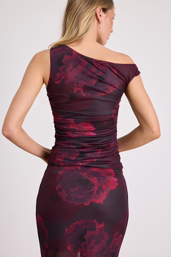 Camella Dark Plum Floral Mesh Asymmetrical Top