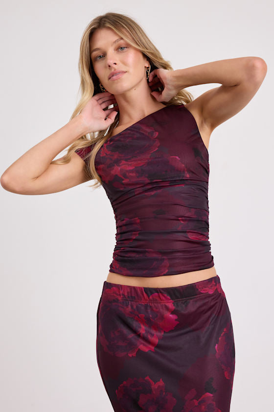 Camella Dark Plum Floral Mesh Asymmetrical Top