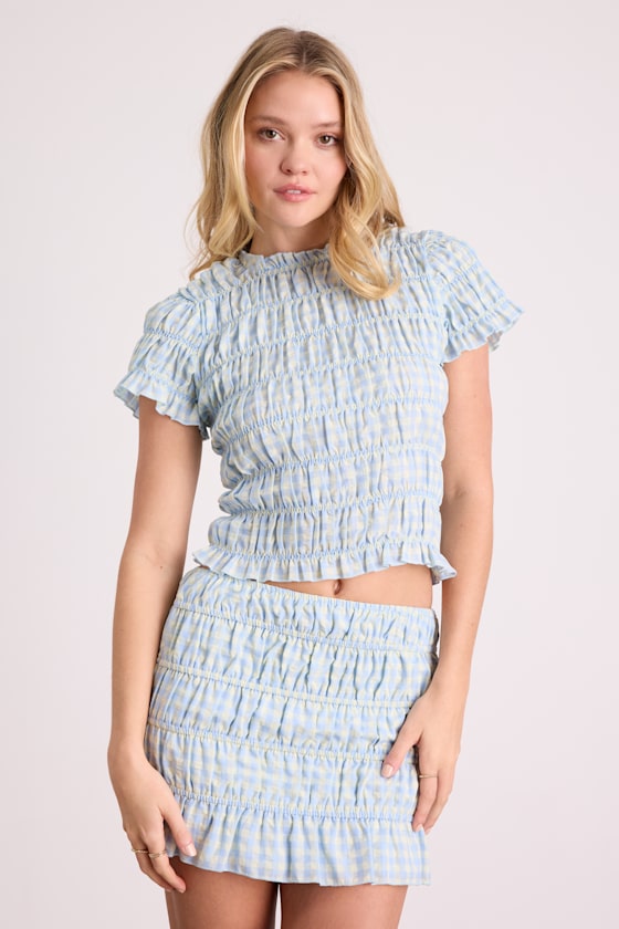 Celera Light Blue Gingham Smocked Top
