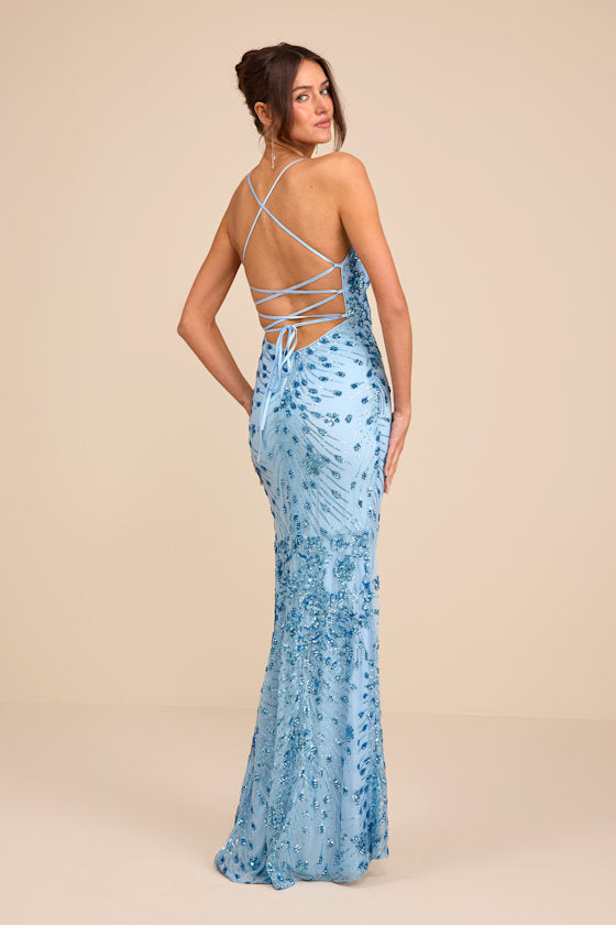 Photo Finish Light Blue Sequin Lace-Up Maxi Dress