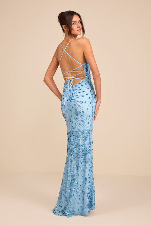 Photo Finish Light Blue Sequin Lace-Up Maxi Dress