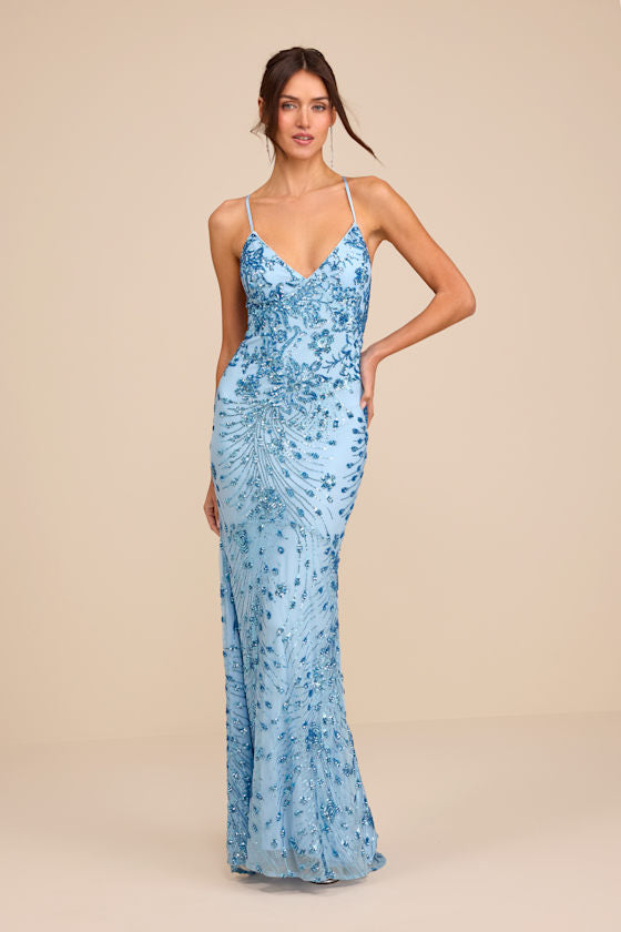 Photo Finish Light Blue Sequin Lace-Up Maxi Dress