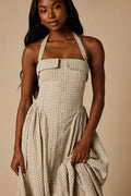 Shirley Cream Plaid Halter Button-Front Midi Dress