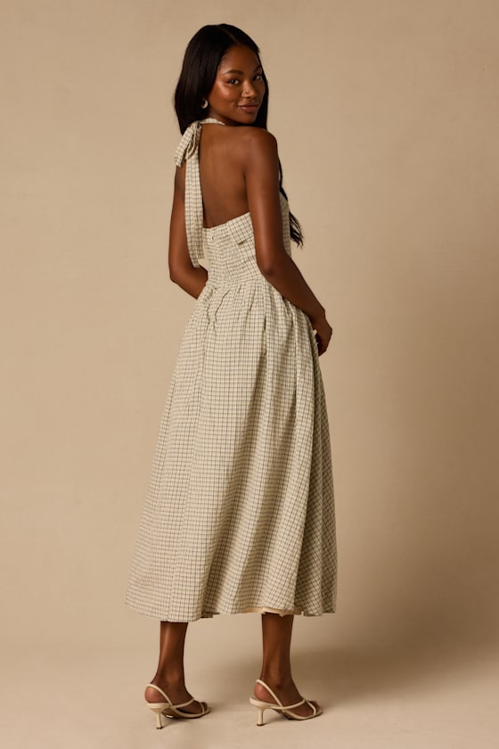 Shirley Cream Plaid Halter Button-Front Midi Dress