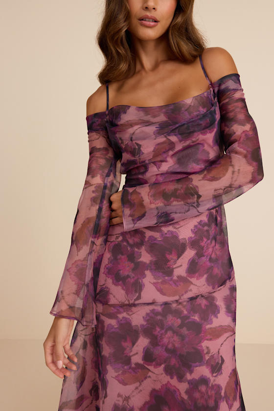 Pia Mauve Purple Floral Asymmetrical Midi Dress